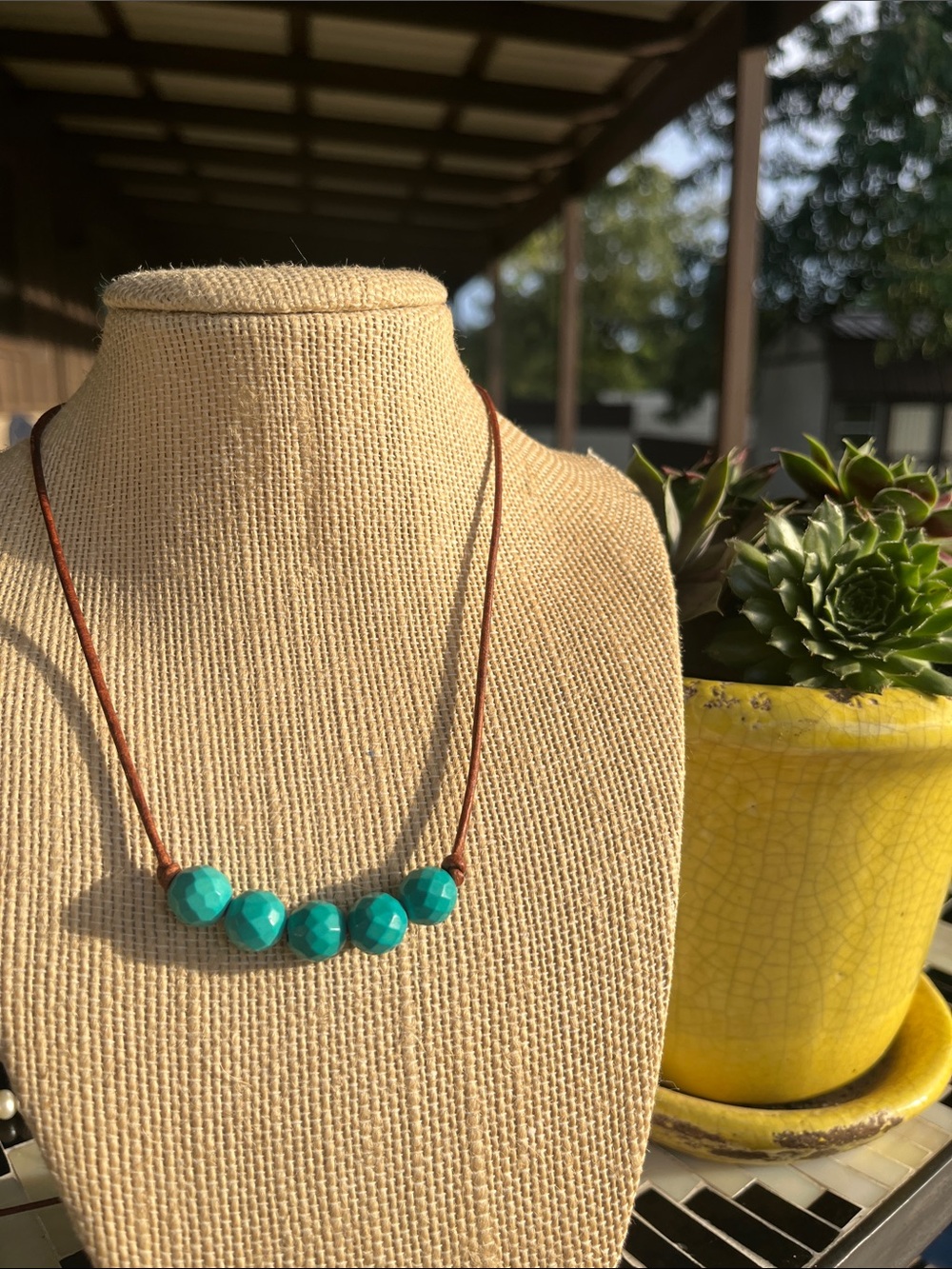 Boho Turquoise Beaded Leather Cord Necklace - Women’s Casual Jewelry